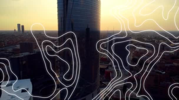 Animación Líneas Contorno Blanco Moviéndose Sobre Paisaje Urbano Moderno Atardecer — Vídeos de Stock