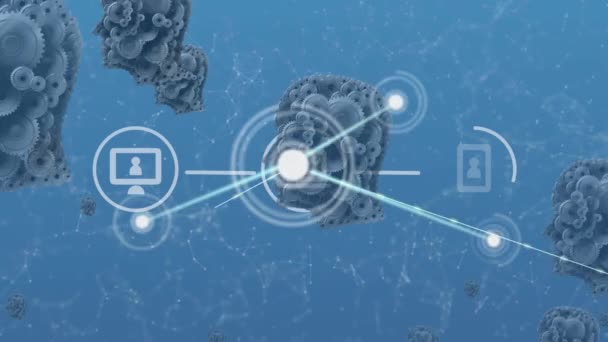 Анімація Мережі Язків Над Механічними Людськими Головами Глобальні Єднання Цифровий — стокове відео