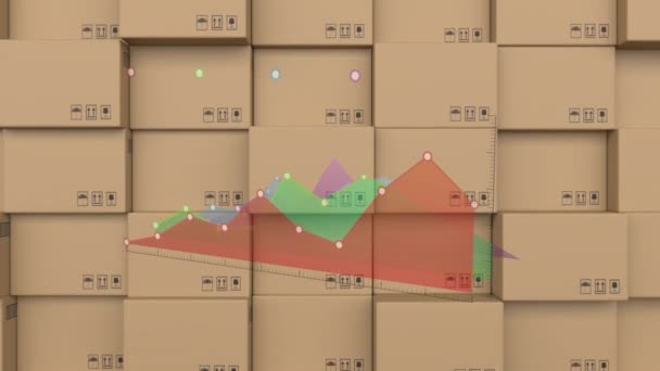 Анимация Обработки Статистики Поверх Картонных Коробок Глобальная Концепция Доставки Подключения — стоковое видео