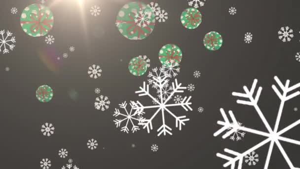 Animazione Fiocchi Neve Bianchi Stelle Decorazioni Natalizie Sfondo Grigio — Video Stock