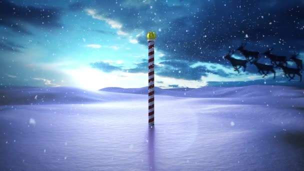 北極点を通過するトナカイと雪の冬の風景とそりでのサンタクラスのアニメーション クリスマス お祝いのコンセプトをデジタルで — ストック動画