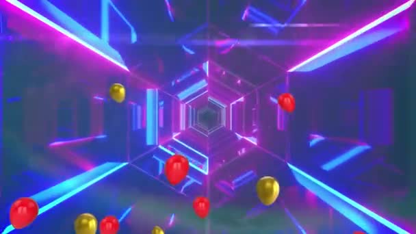 Animatie Van Roze Blauwe Neon Tekst Verkoop Reflecterende Neon Tunnel — Stockvideo