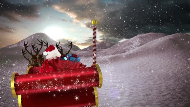 Animation Santa Claus Sleigh Christmas Gifts Snow Falling Winter Landscape — Stock Video