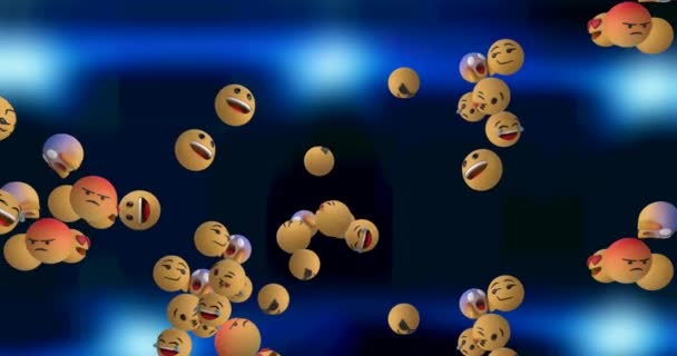 Animation Multiple Falling Emojis Blue Background Social Media Communication Concept — Stock Video