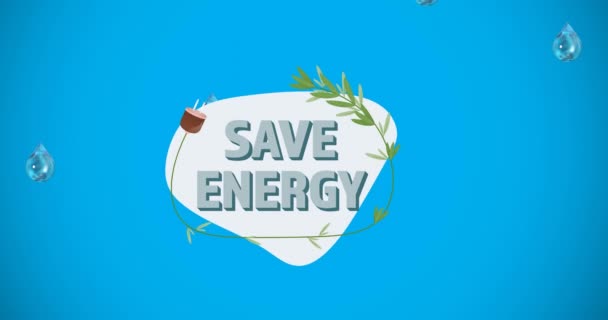 Animation Energy Text Plant Plug Logo Falling Drops Blue Background — Stock Video