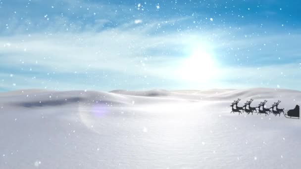 Анимация Санта Клауса Санях Северными Оленями Проходящими Через Снежные Зимние — стоковое видео