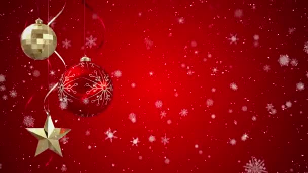 Animación Nieve Cayendo Sobre Adornos Adornos Navidad Rojos Dorados Navidad — Vídeo de stock