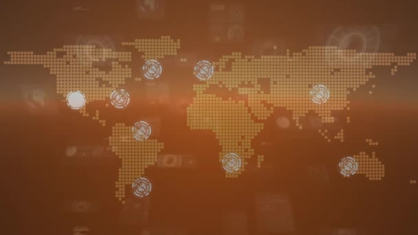 Animering Världskarta Nätverk Anslutningar Och Databehandling Orange Bakgrund Globala Sociala — Stockvideo