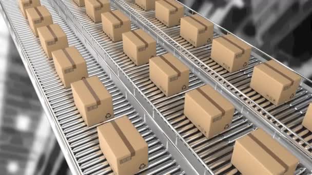 Animación Cajas Cartón Moviéndose Sobre Cintas Transportadoras Sobre Almacén Concepto — Vídeo de stock