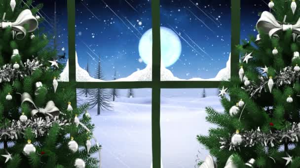 Animacja Zimowej Scenerii Dekoracją Świąteczną Widzianą Przez Okno Boże Narodzenie — Wideo stockowe