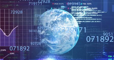 Simgeler ve veri işleme ile dijital arayüzün resmi. Dijital olarak oluşturulan küresel bilgisayar ağı teknolojisi kavramı.