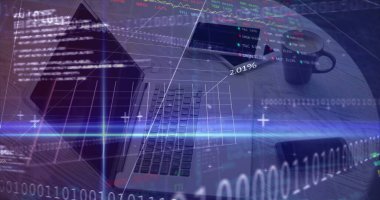 Ofis ekipmanlarına karşı finansal veri işlemenin dijital birleşik görüntüsü. finans ve iş kavramı