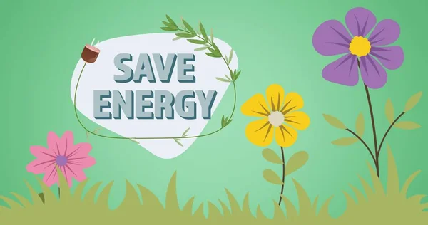 Samenstelling Van Energiebesparende Tekst Plant Plug Logo Met Bloemen Groene — Stockfoto