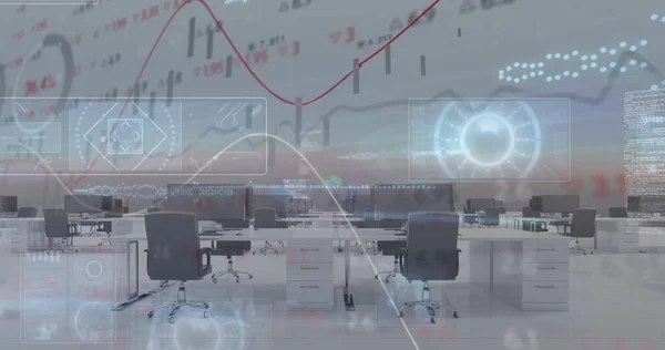 Finanzielle Und Statistische Datenverarbeitung Vor Leeren Büros Hintergrund Globales Finanz — Stockfoto