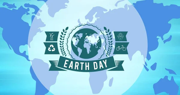 Dünya Haritasının Arka Planında Dünya Günü Metni Yeşil Küre Logosu — Stok fotoğraf