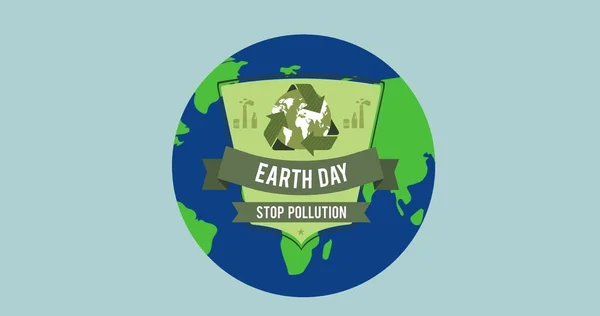 Composition of earth day text and global recycling logo over globe on blue background. global conservation and earth day concept digitally generated image.