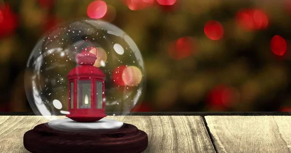 Digital Image Snow Falling Christmas Lantern Snow Globe Wooden Surface — Stock Photo, Image