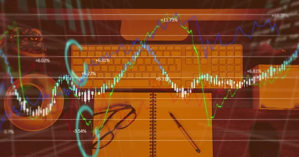 Digital Sammansatt Bild Finansiell Databehandling Mot Kontorsutrustning Skrivbordet Finans Och — Stockfoto