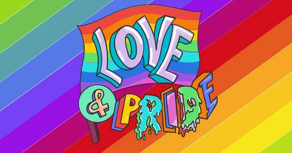 虹の縞模様の上に虹の旗の愛と誇りのテキスト Lgbtq誇りと平等のお祝いの概念デジタル生成されたビデオ — ストック写真