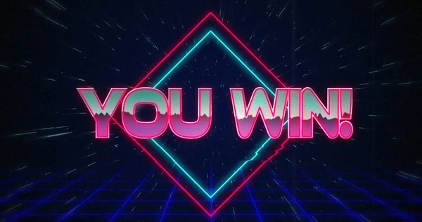 Image Retro You Win Text Glitching Blue Red Squares Black — Stock Photo, Image