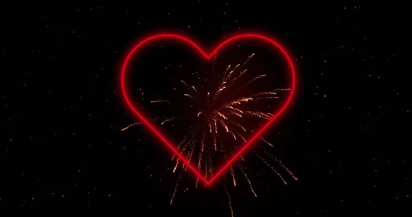 Bild Von Leuchtenden Neonherzen Über Rotem Feuerwerk Hintergrund Valentinstag Feier — Stockfoto