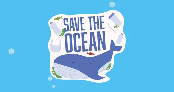 Composition of save the ocean text with whale logo over blue background with bubbles. global conservation and earth day concept digitally generated image.