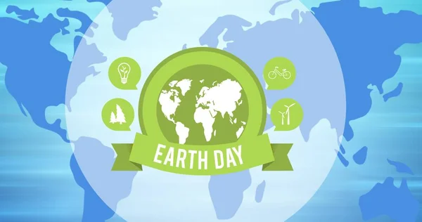地球の日のテキストと世界地図の背景に緑の地球のロゴの構成 地球の保全と地球の日の概念をデジタルで — ストック写真