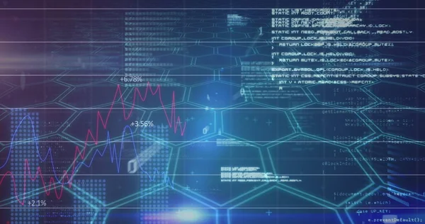 六角形上の赤い線と財務データ処理のイメージ デジタルインターフェースの世界的な接続と金融の概念デジタルで生成されたイメージ — ストック写真