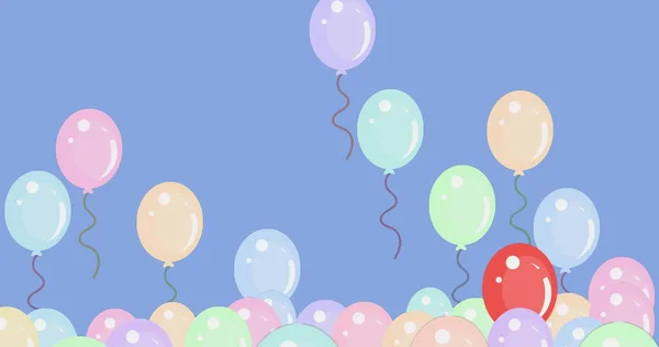 图片的生日庆祝与红色和多色气球漂浮在蓝色的背景 庆祝乐趣概念数码生成的图像 — 图库照片