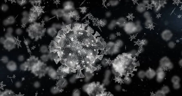 Kép Covid Sejtek Téli Táj Esik Fekete Háttér Karácsony Ideje — Stock Fotó