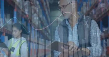 Depoda çalışan adamın istatistiksel mali veri işleme animasyonu. küresel gönderim ve bağlantılar konsepti dijital olarak oluşturulmuş video.