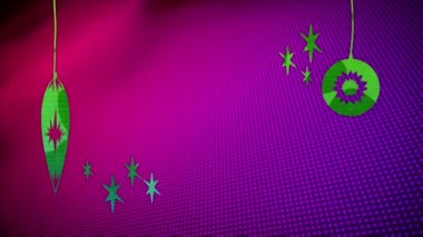 Mevsimlerin animasyonu. Mor arka planda mesajlar ve Noel ağacı süslemeleri. Noel, gelenek ve kutlama konsepti dijital olarak oluşturuldu.