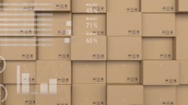 Karton kutuların üzerinden geçen istatistiklerin animasyonu. küresel gönderim ve bağlantılar konsepti dijital olarak oluşturulmuş video.
