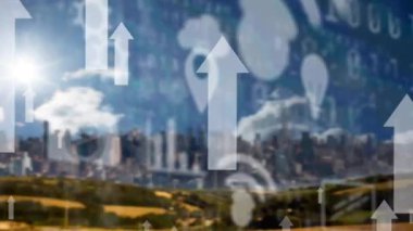 Şehir manzarası üzerinde simgelerin canlandırılması. ticari, ağ, bağlantılar, teknoloji ve dijital arayüz kavramı dijital olarak oluşturulmuş video.