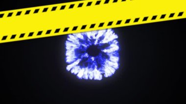 Siyah arka planda mavi duman patlaması üzerine sarı banttaki satış metninin animasyonu. Perakende ticaret, iletişim ve çevrimiçi alışveriş arayüzü kavramı dijital olarak oluşturulmuş video.