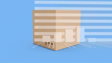 Mavi arka plandaki karton kutunun üzerinde istatistik işleme animasyonu. küresel gönderim ve veri işleme kavramı dijital olarak oluşturulmuş video.