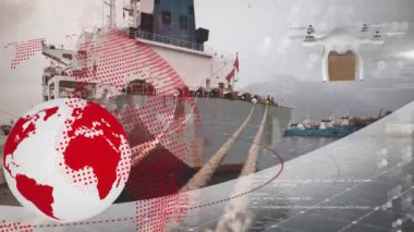 İHA ve liman üzerindeki parsel üzerinden bağlantı ağının animasyonu. küresel gönderim, iş, dijital arayüz, teknoloji ve ağ konsepti dijital olarak oluşturulmuş video.
