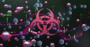 Yüzen koronavirüs hücreleri üzerindeki biyolojik tehlike işareti. küresel covid 19 salgın konsepti dijital olarak oluşturulmuş video.