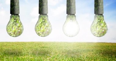 Mavi gökyüzü ve çimenlerin üzerinde sallanan bitkilerle dolu ampullerin animasyonları. küresel koruma ve yeşil farkındalık kavramı dijital olarak oluşturulmuş video.