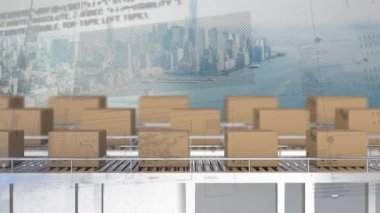 Karton kutuların üzerindeki taşıma bantları ve şehir manzarası üzerindeki istatistiklerin canlandırılması. küresel gönderim ve bağlantılar konsepti dijital olarak oluşturulmuş video.