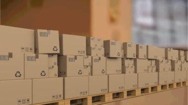 Karton kutuların ambarın üzerinde taşıyıcı bant üzerinde hareket etmesinin animasyonu. küresel gönderim ve bağlantılar konsepti dijital olarak oluşturulmuş video.