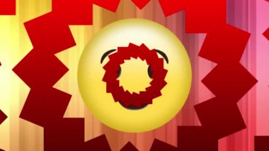 Kırmızı kaleydoskopik şekiller üzerinde mutlu emoji ikonu animasyonu. küresel sosyal medya ve iletişim konsepti dijital olarak oluşturulmuş video.