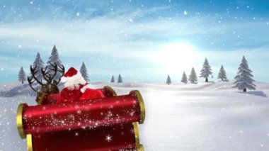 Noel Baba 'nın kızakta Noel hediyeleri ve kış manzarasına yağan karla canlandırılması. Noel, gelenek ve kutlama konsepti dijital olarak oluşturuldu.