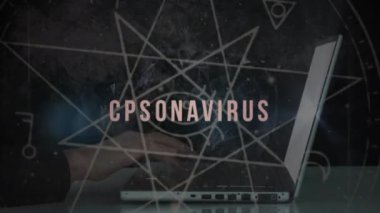 Dizüstü bilgisayardan Coronavirus komplo metninin animasyonu. küresel covid 19 komplo teorisi, tıp ve sağlık hizmetleri konsepti dijital olarak oluşturulmuş video.