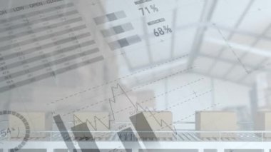 Depodaki karton kutuların üzerinden geçen istatistiklerin animasyonu. küresel gönderim ve bağlantılar konsepti dijital olarak oluşturulmuş video.