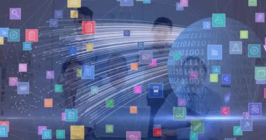 İş adamları üzerindeki simgelerle bağlantılı dünya ağının animasyonu. küresel iş, çevrimiçi bağlantılar, dijital arayüz ve dijital olarak oluşturulmuş iletişim konsepti.