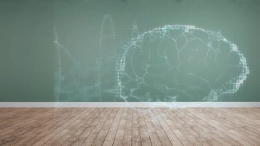 Yeşil ve ahşap arka planda dönen insan beyni ve DNA 'sının animasyonu. Bilim ve araştırma konsepti dijital olarak oluşturulmuş video.