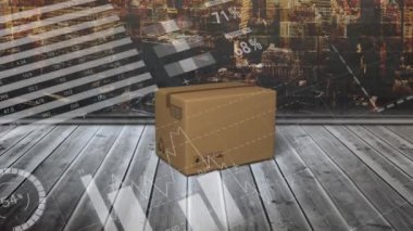 Karton kutu ve şehir manzarası üzerinde istatistik işleme animasyonu. küresel gönderim ve bağlantılar konsepti dijital olarak oluşturulmuş video.