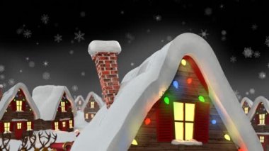 Peri ışıklarıyla evlerin üzerine yağan kar animasyonu. Noel, gelenek ve kutlama konsepti dijital olarak oluşturuldu.