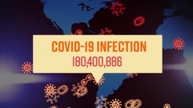 Dünya haritasında covid 19 metnin animasyonu. küresel covid 19 salgın, ilaç ve sağlık hizmetleri konsepti dijital olarak oluşturulmuş video.